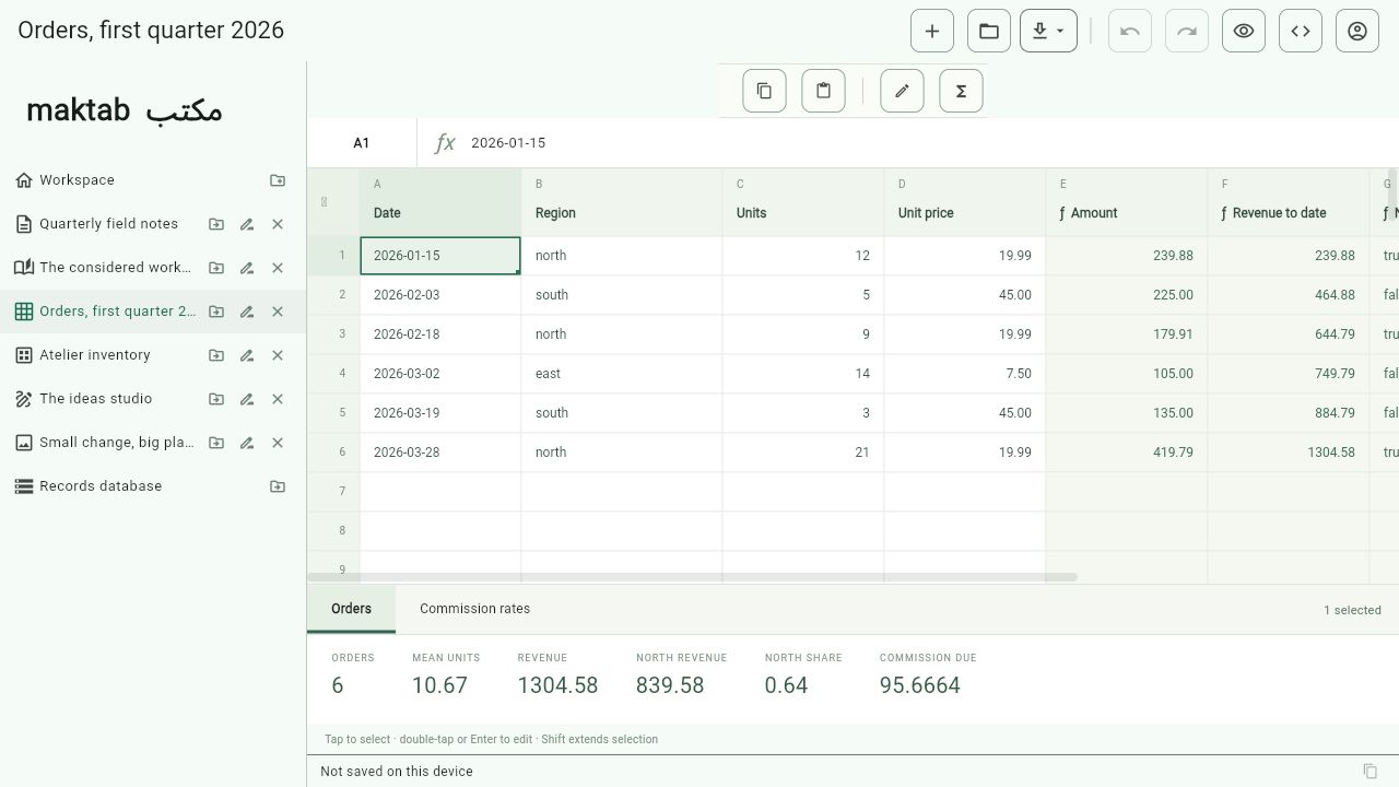 Maktab’s sample orders spreadsheet showing dates, regions, calculated amounts, and summary totals.