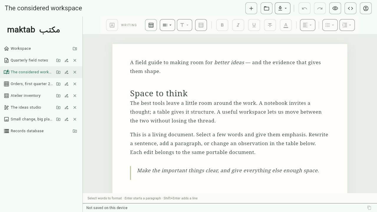 Maktab’s document editor showing its sample document The considered workspace beside the workspace navigation.