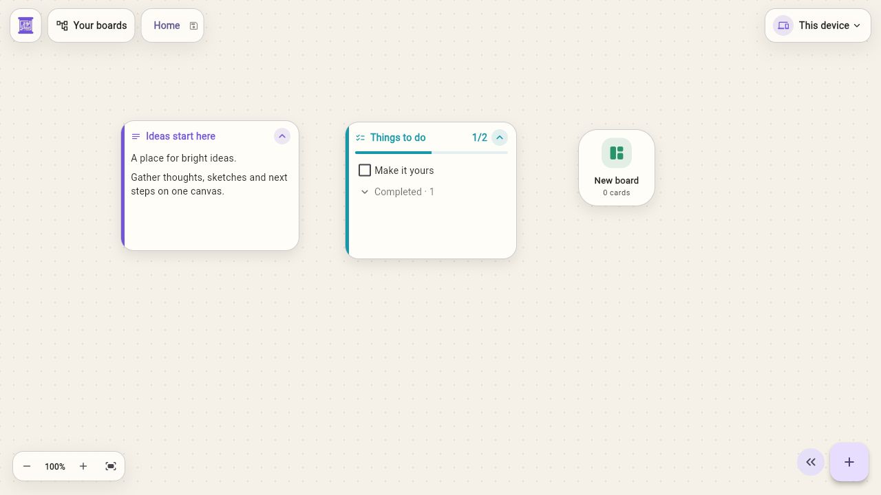 Sijil’s canvas with a sample note, a task list showing progress, and a nested board.